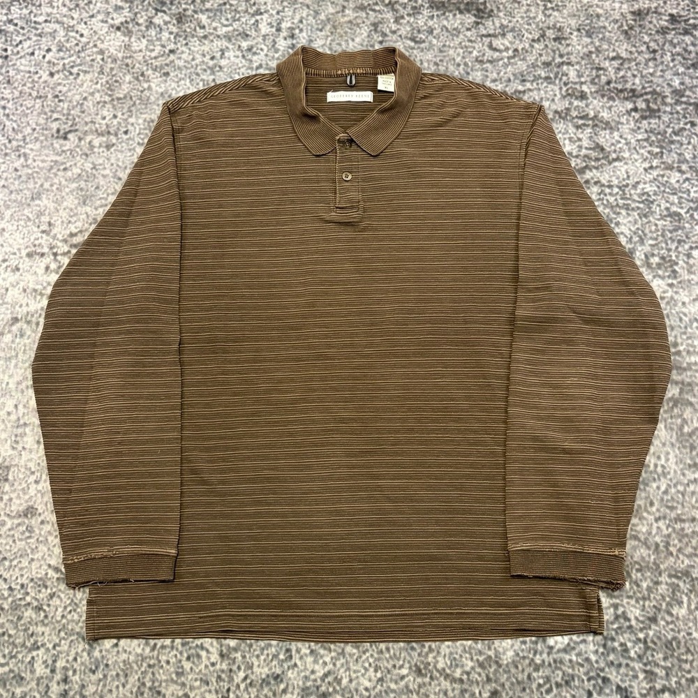VTG Geoffrey Beene Polo Shirt Long Sleeve Mens XL Striped Brown Preppy Casual
